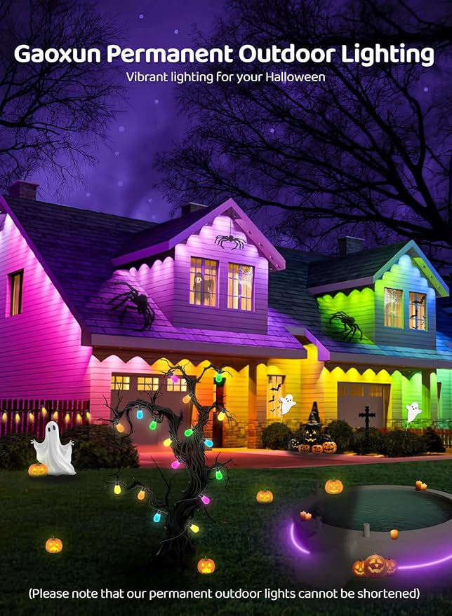 Gaoxun 50ft Permanent Outdoor Lights, RGBW Smart Outside Lights with 30 LED, APP/Remote Control, Dimmable, 47 Scene Modes, Timer, IP67 Waterproof Eaves Lighting for Daily Holiday Christmas Decorations