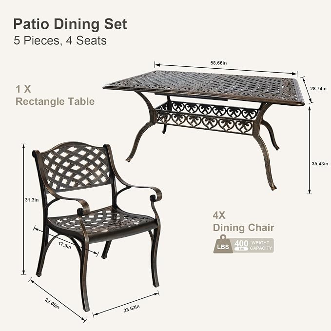 5 Piece Outdoor Patio Dining Set, All-Weather 58.66" Cast Aluminum Table and Chairs Set of 4, Bistro Set Outdoor with Umbrella Hole for Garden, Porch