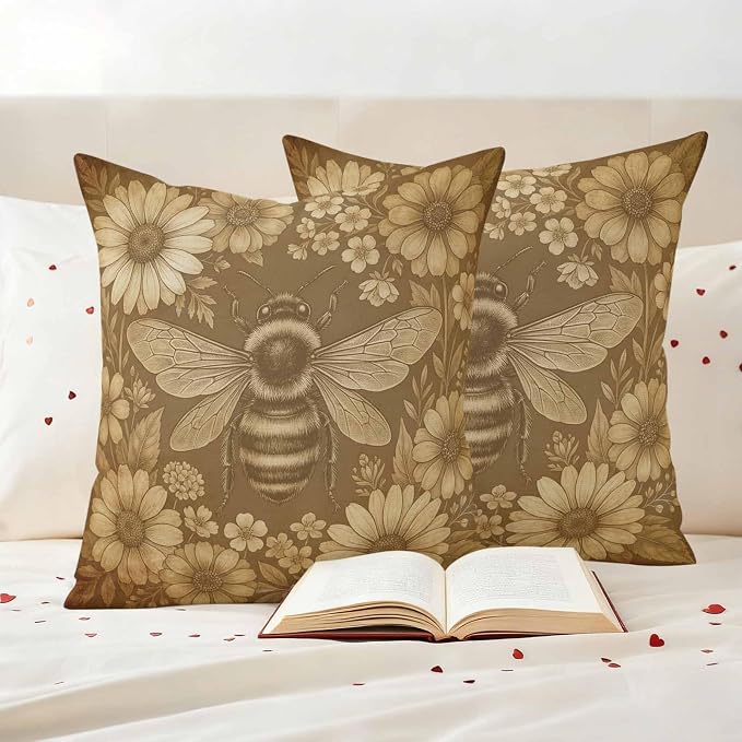 Outdoor Pillow Covers Waterproof, Brown Bee Decorative Square Throw Pillowcases Patio Cushion Covers for Tent/Garden, 16" x 16" 2 Pack, Farmhouse Vintage Animals Botanical Flowers