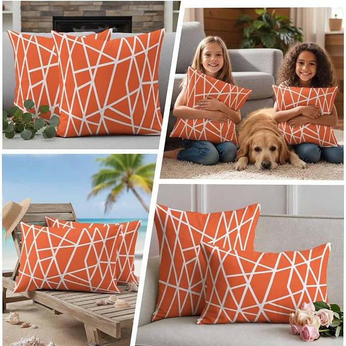 Outdoor Pillow Covers Waterproof, Orange Geometric Decorative Square Throw Pillowcases Patio Cushion Covers for Tent/Garden, 26" x 26" 2 Pack, Abstract Stripes Modern Simple
