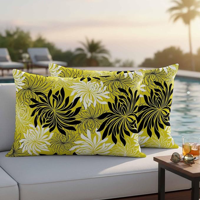 Yukro Yellow Black Floral Outdoor Waterproof Pillow Covers Pack of 2, Vintage Yellow White Black Flower Decorative Throw Pillowcases Cushion Covers for Garden Patio Tent Sofa Couch, 20x12 inch