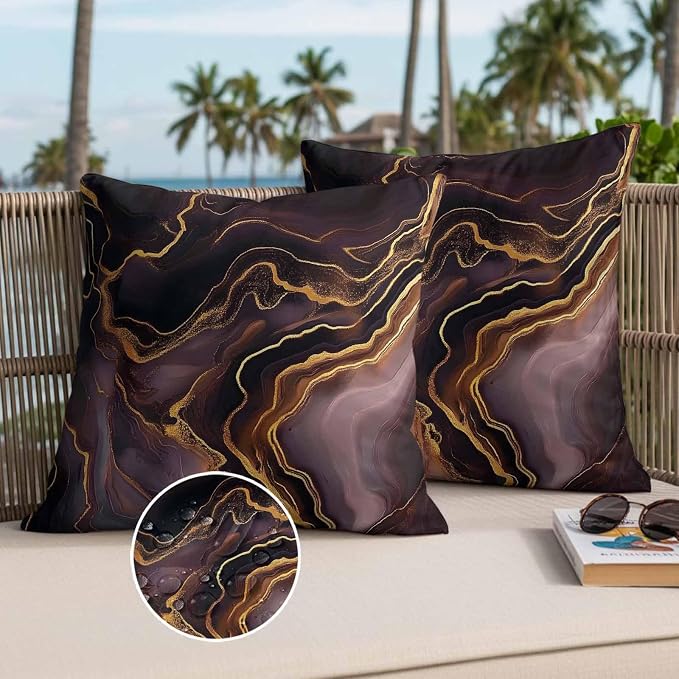 Abstract Marble Texture Outdoor Waterproof Throw Pillow Covers Set of 2, 18"x18", Purple Gold Waves Art Decorative Pillow Covers Outside Cushion Case for Patio Porch Garden