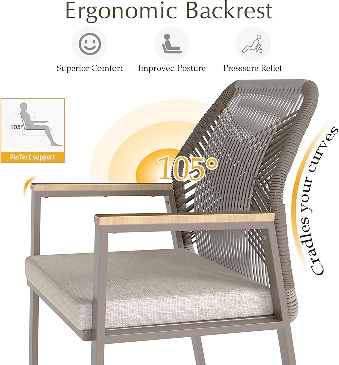 Aluminum Outdoor Patio Dining Chairs - Imitation Rope Vine Chair Ergonomic Backrest Design Detachable Seat Cushion Soft and Breathable Garden Porch, Light Brown 2Pcs