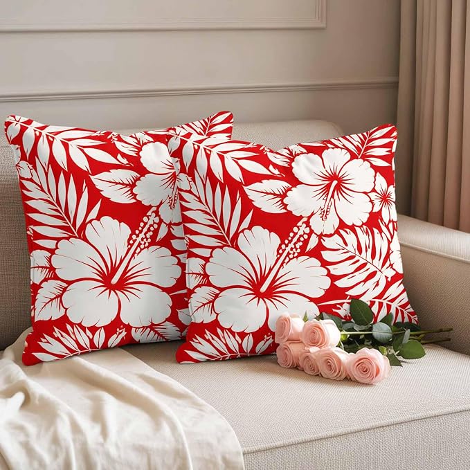 Red Hibiscus Flowers Waterproof Outdoor Pillow Covers Set of 2 Home Decor, Tropical Monstera Leaves Pillowcase Patio Pillow Covers for Couch Bench Patio Furniture Garden 24x24in