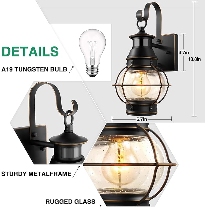 Lamomo Black Outdoor Light,Exterior Front Porch Lights for House,Dusk to Dawn Motion Sensor Lights,Waterproof Anti-Rust Wall Mount Lantern for Outside,Garage(NO Bulb)