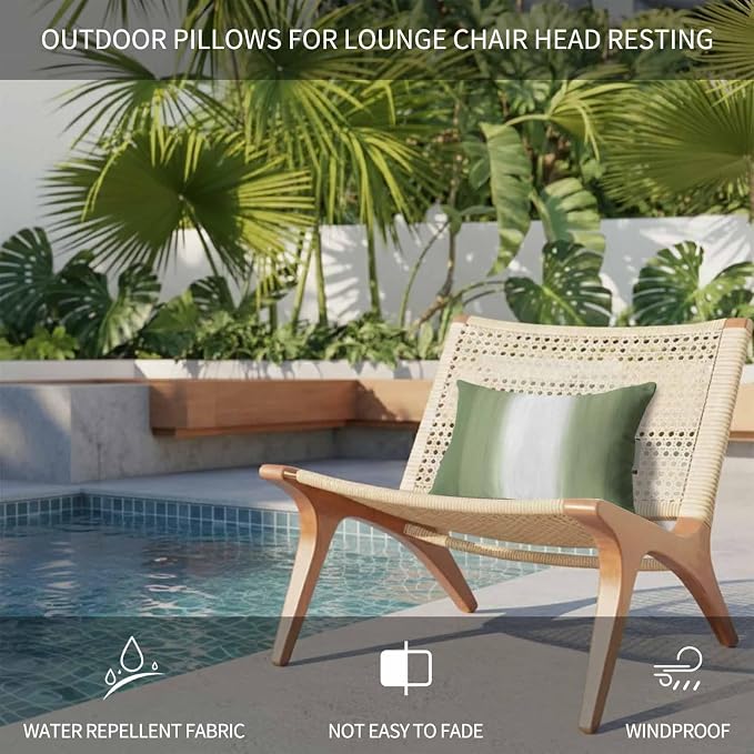 Outdoor Lumbar Pillow Set of 1, Sage Green Striped Waterproof Beach Headrest Pillow with Inserts, Green White Ombre Farmhouse Gradient Recliner Throw Pillows for Patio Furniture, 12 x 20