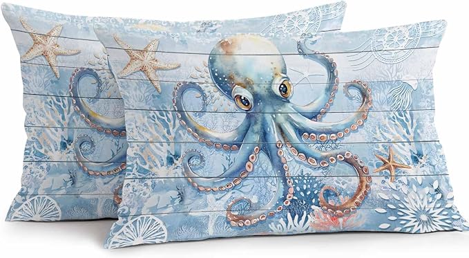 Coastal Octopus Waterproof Outdoor Pillow Covers Set of 2 Home Decor, Nautical Sea Starfish Coral Wooden Grain Pillowcase Patio Pillow Covers for Couch Bench Furniture Garden 20x12in