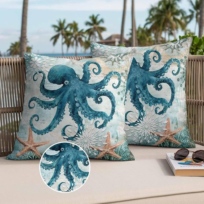Ocean Creature Outdoor Waterproof Throw Pillow Covers Set of 2, 24"x24", Eight Pawfish Corals Sea Stars Decorative Pillow Covers Outside Cushion Case for Patio Porch Garden
