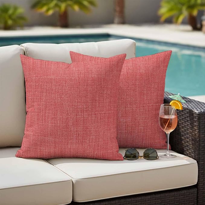 Outdoor Waterproof Throw Pillow Covers Set of 2 Coral Red Linen Pillowcases 26x26 Inches Farmhouse Pure Color Decorative Pillows Cushion Case Patio Pillows for Couch Bed Chair Garden