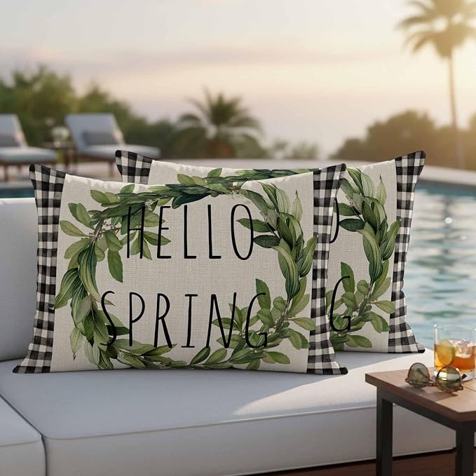 Hello Spring Outdoor Pillow Covers Pack of 2 Green Leaf Plant Black Plaid Vintage Linen Texture Waterproof Throw Pillow Covers Decorative Cushion Cases for Patio Garden Tent Balcony Couch 20x12 inch