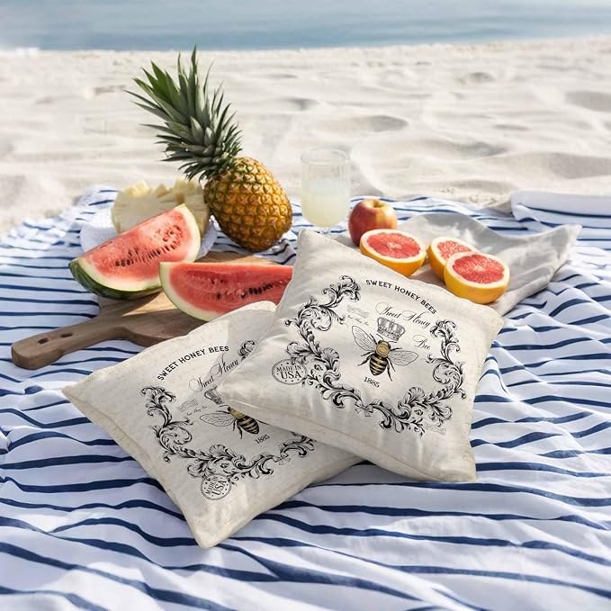 Outdoor Waterproof Throw Pillow Covers Set of 2 Sweet Honey Bees Pillowcases 26x26 Inches Floral Crown Wreath Vintage Decorative Pillows Cushion Case Patio Pillows for Couch Bed Chair Garden