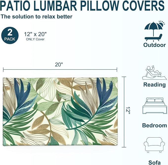 DYTXIII Pack of 2 Outdoor Waterproof Lumbar Pillow Covers ONLY, 12x20 Rectangle Decorative Double Printed Pillow Cases for Patio Couch Porch Furniture - Lush Leaf Green