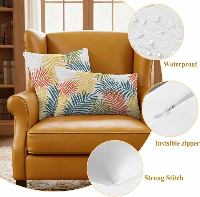 Outdoor Waterproof Throw Pillow Covers, Orange Green Yellow Palm Leaves Decorative Pillow Cases, Summer Botanical Tropical Leaf Couch Pillow Protector Patio Sofa Cushion Covers 24"x24" 2 Pack