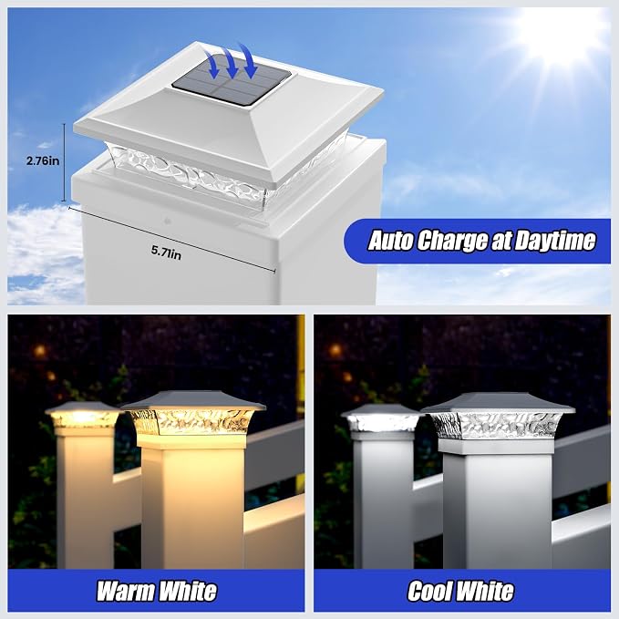 APONUO Solar Post Cap Lights 6 Pack for 4x4 5x5 6x6 Wood & Vinyl Fences - IP65 Waterproof, All-Night Auto On/Off, Warm/Cool White Light, Outdoor Deck Patio Garden (White)