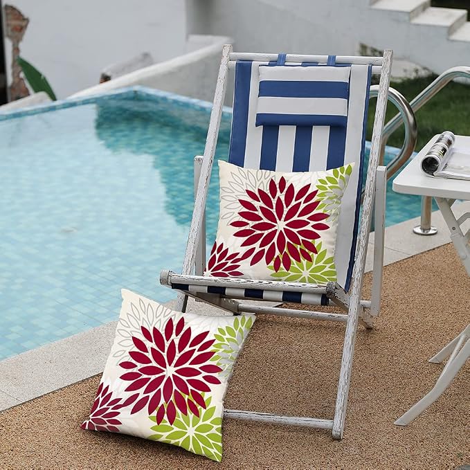 DFXSZ Outdoor Waterproof Pillow Covers 16x16 Set of 2 Wine Red Green Flower | Spring Summer Waterproof Flower Throw Pillowcases（No Inserts）Outdoor Decor for Patio Funiture Garden Polyester Covers