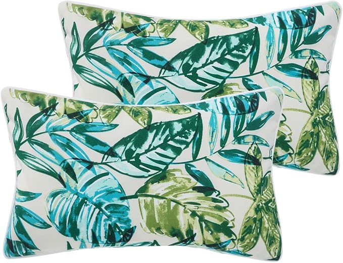 Water Resistant Outdoor Lumbar Pillows for Patio Furniture,12x20 Inch Decorative Pillows Set of 2 with Insert,Hidden Zipper Headrests for Sofa Couch Chair(Palm Leaf)