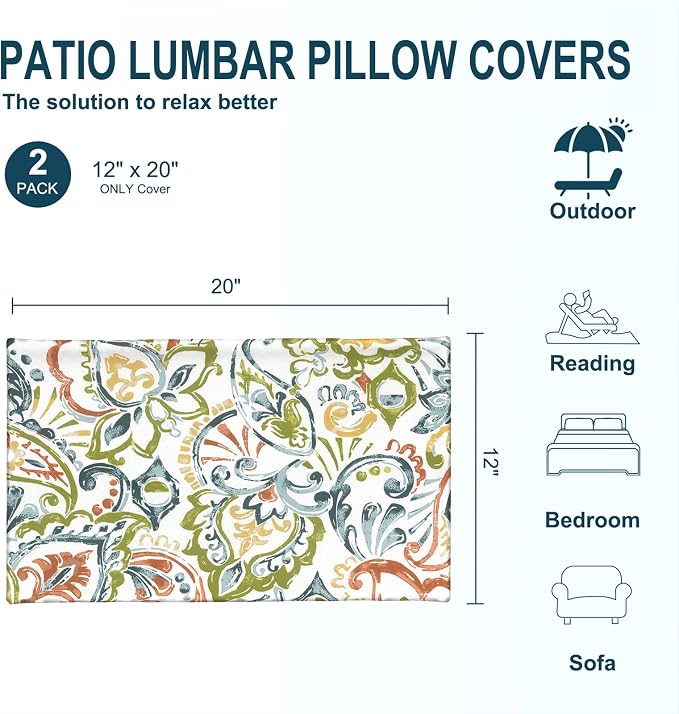 DYTXIII Pack of 2 Outdoor Waterproof Lumbar Pillow Covers ONLY, 12x20 Rectangle Decorative Double Printed Pillow Cases for Patio Couch Porch Furniture - Paisley Botanical