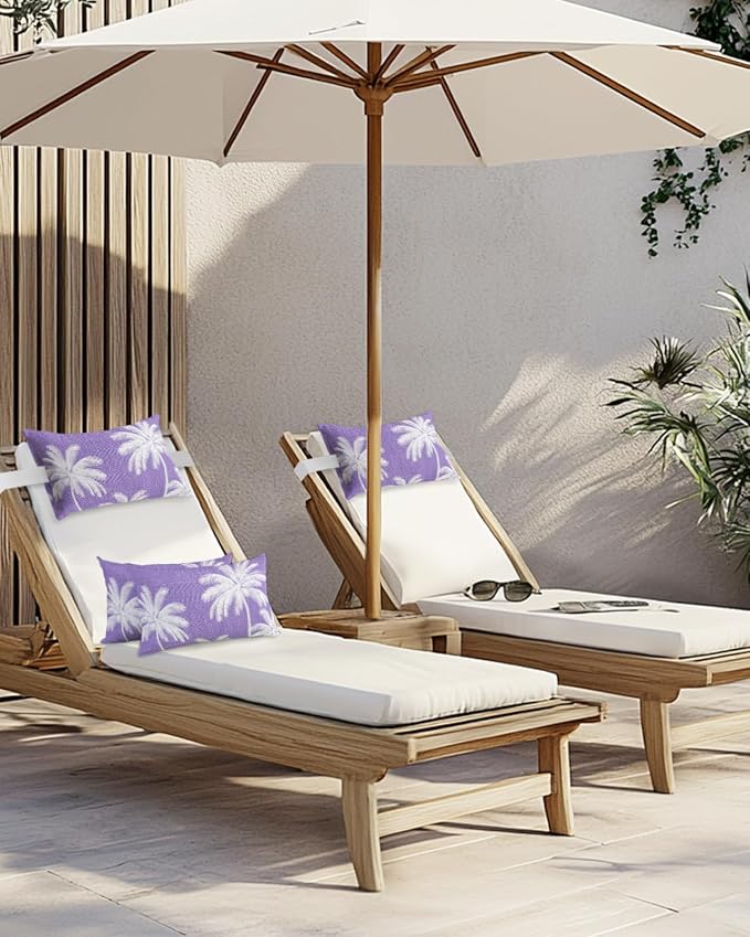 Pack of 2 Outdoor Lumbar Pillow Covers 11x16 Inch, Purple Palm Trees Waterproof Throw Pillow Covers Set, Farmhouse Tropical Summer Beach Indoor&Outdoor Decorative Cushion Cases for Patio Porch Car