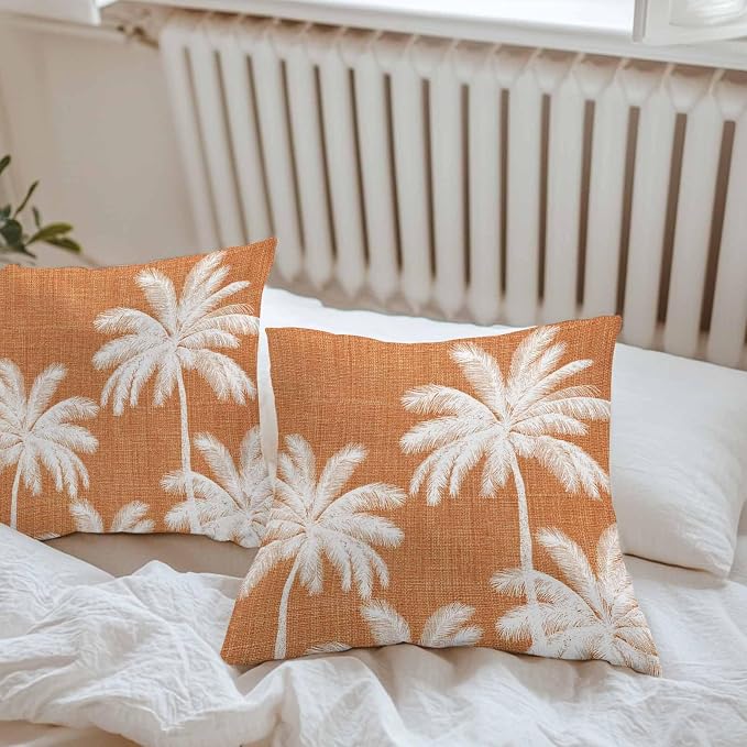 Outdoor Pillow Covers 18x18 Inch Set of 2, Burnt Orange Palm Trees Waterproof Throw Pillow Covers, Farmhouse Tropical Summer Beach Decorative Cushion Pillowcases for Couch, Sofa, Bed, Garden, Patio
