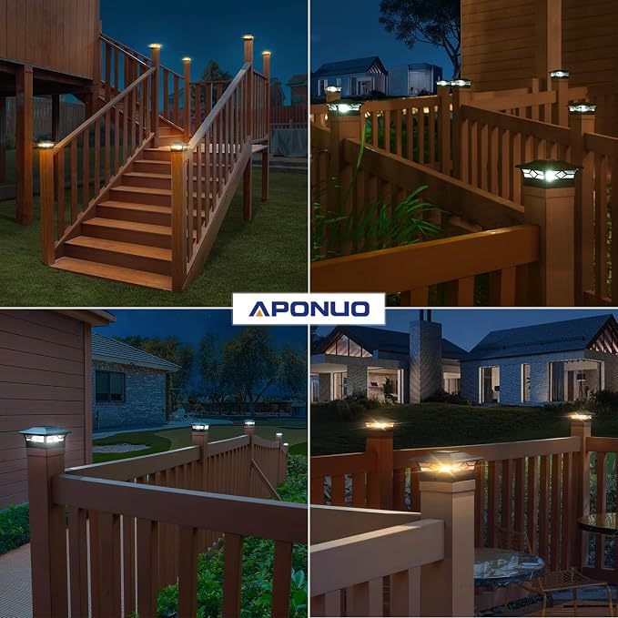 APONUO Solar Post Cap Lights,8 Pack 2-Modes Bright 4x4 Post Solar Lights Auto On Off,Outdoor Waterproof Garden Patio Fence Deck Patio Decor for Fence Deck Post Caps 4x4 6x6 Wood,4x4 Vinyl