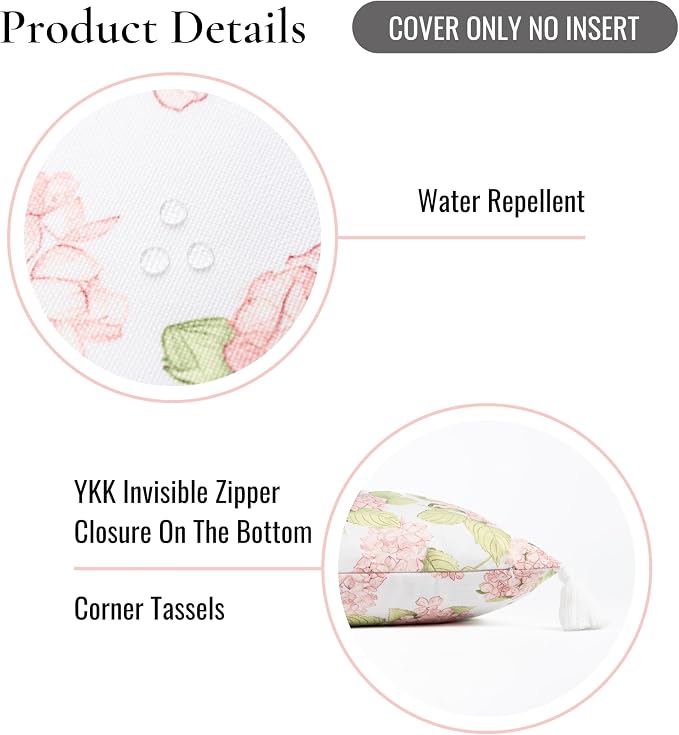 Hofdeco Premium Coastal Patio Indoor Outdoor Throw Pillow Cover Only, 18"x18" Water Repellent for Backyard, Couch, Blush Pink Green Print Sketch Hydrangea Flower