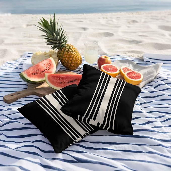Black Beige Striped Outdoor Pillow Covers 26x26 Inch Throw Pillow Covers Set of 2 Waterproof Decorative Pillow Cases Modern Farmhouse Retro Lines Cushion Covers for Patio Furniture Garden Couch Sofa