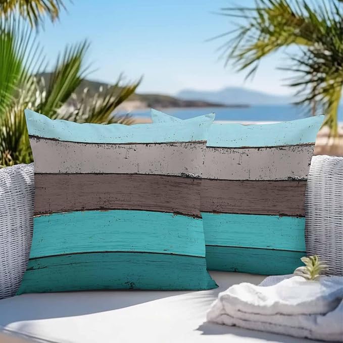 Outdoor Throw Pillow Covers 26X26 Set of 2 Waterproof Ombre Peacock Blue Gray Decorative Zippered Cushion Covers for Patio Furniture, Farmhouse Retro Rustic Barn Wood Texture Lumbar Pillowcases