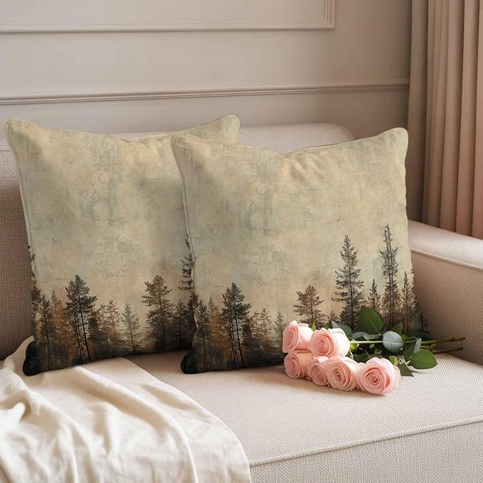 Outdoor Waterproof Pillow Covers 16x16Inch Vintage Forest Pine Tree Plant Throw Pillowcases for Patio Garden Couch Sofa Retro Natural Wild Scenery Decorative Cushin Case,Pack of 2