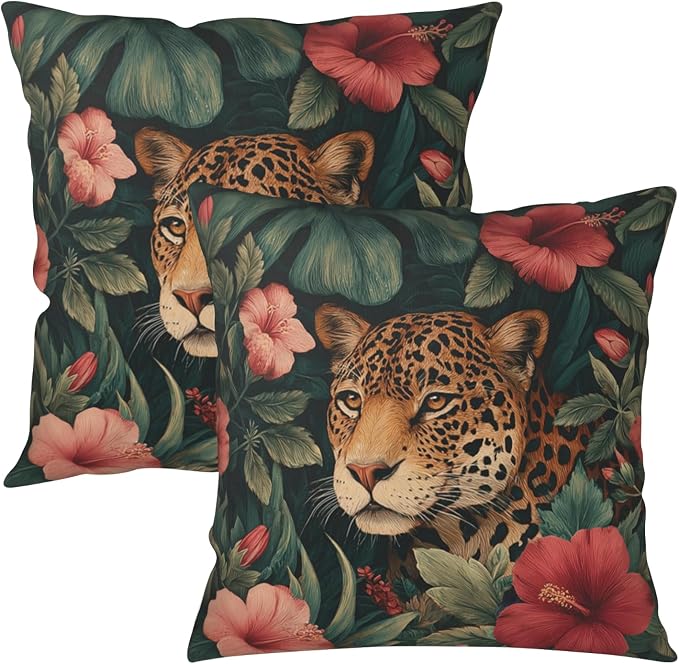 Pack of 2 Leopard Floral Pillow Covers 24x24 Tropical Palm Monstera Leaves and Hibiscus Flower Throw Pillow Covers Hawaiian Jungle Cheetah Pillow Cases for Patio Sofa Couch