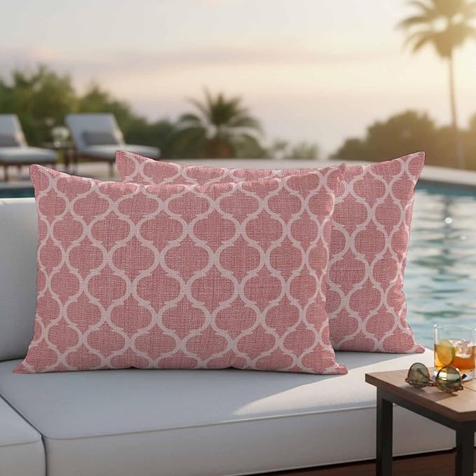 Coral Pink Morocco Outdoor Pillow Covers 20x12 Inch Lumbar Pillow Covers Set of 2 Waterproof Decorative Throw Pillow Cases Vintage Geometric Plaid Mahbudium Cushion Covers for Patio Furniture Garden