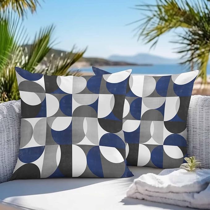 Vandarllin Outdoor Throw Pillows Covers 24x24 inch Set of 2 Waterproof Modern Blue Gray Geometric Decorative Zippered Cushion Covers for Patio Furniture, Abstract Mid Century Lumbar Pillowcases