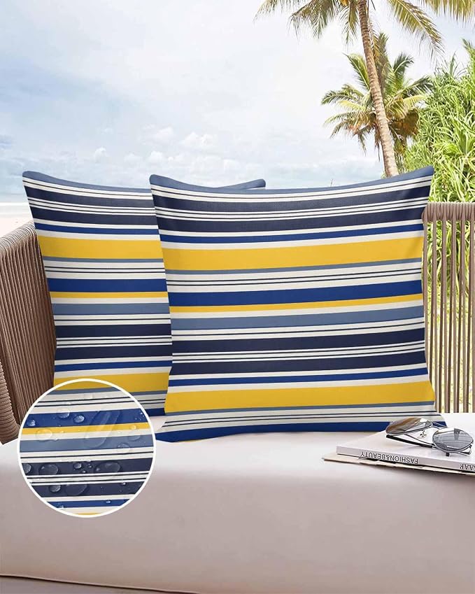 Outdoor Waterproof Throw Pillow Covers Set of 2 Yellow Stripes Lines Pillowcases 16x16 Inches Navy Blue Classic Striped Decorative Pillows Cushion Case Patio Pillows for Couch Bed Chair Garden