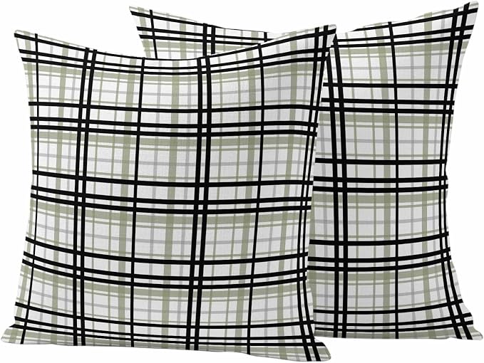Abstract Stripes Outdoor Pillow Covers Set of 2 Sage Green Black Grey Plaid Waterproof Throw Pillow Cover Decorative Cushion Cases for Patio Porch Garden 18X18 Inch