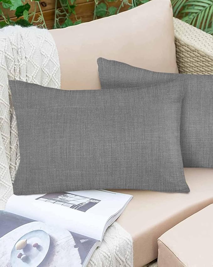 Vandarllin Outdoor Throw Pillows Covers 20x12 inch Set of 2 Waterproof Grey Linen Decorative Zippered Cushion Covers for Patio Furniture, Farmhouse Pure Color Lumbar Pillowcases