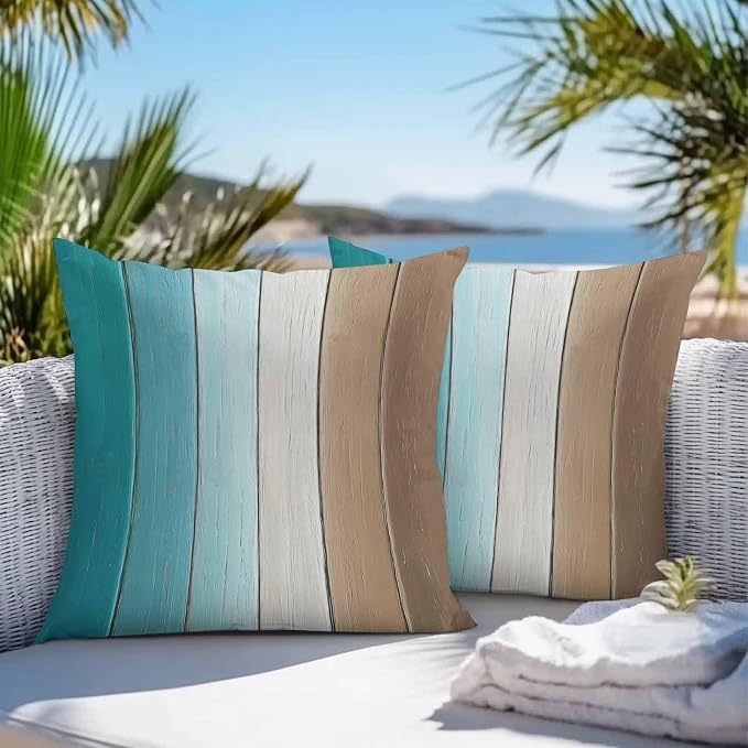 Throw Pillow Covers 16x16 Inch Set of 2, Aqua Brown Ombre Waterproof Outdoor Cushion Covers, Vintage Country Wooden Decorative Pillowcases for Couch, Sofa, Bed, Garden, Patio