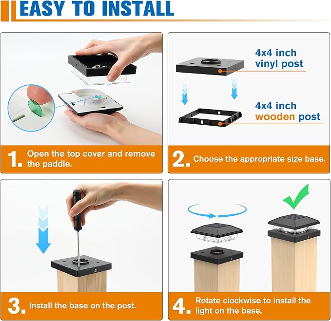 Solar Post Cap Lights,4x4 Post Solar Lights Cool White,Black 6 Pack | Fence Post Solar Lights for 4x4 Post Caps Wood Vinyl, IP64 Waterproof Solar Post Lights Outdoor, Solar Deck Post Lights