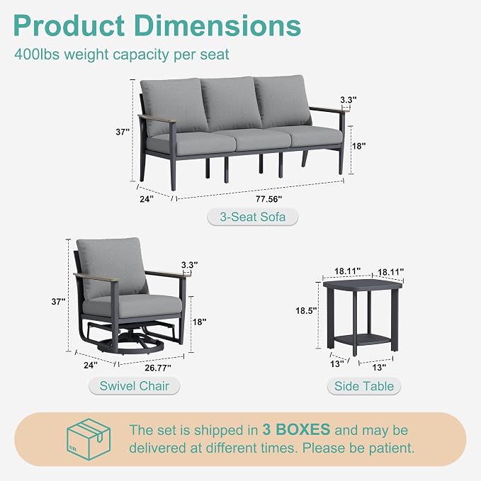 Aluminum Outdoor Patio Furniture Set with Swivel Rocking Chair 7-Seat, Patio Conversation Set Sectional Furniture Set with High Backrest & Thickened Cushions for Backyard, Grey