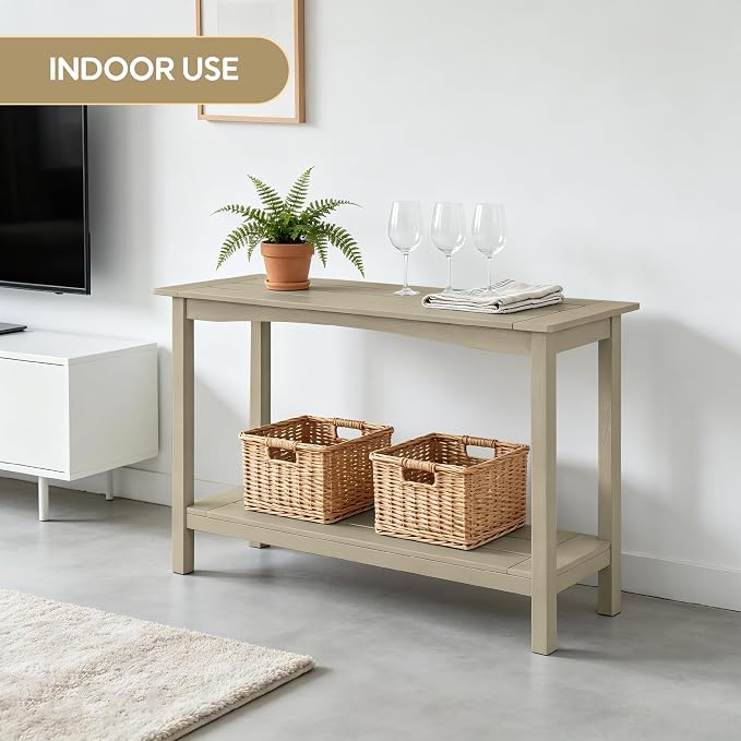 Weatherproof HIPS Outdoor Console Table, 48'' 2-Shelf Side Table Indoor/Outdoor Use, Multifunctional Buffet Table Bar Storage Organizer for Entryway, Patio, Outside Plant Stand Table, Champagne