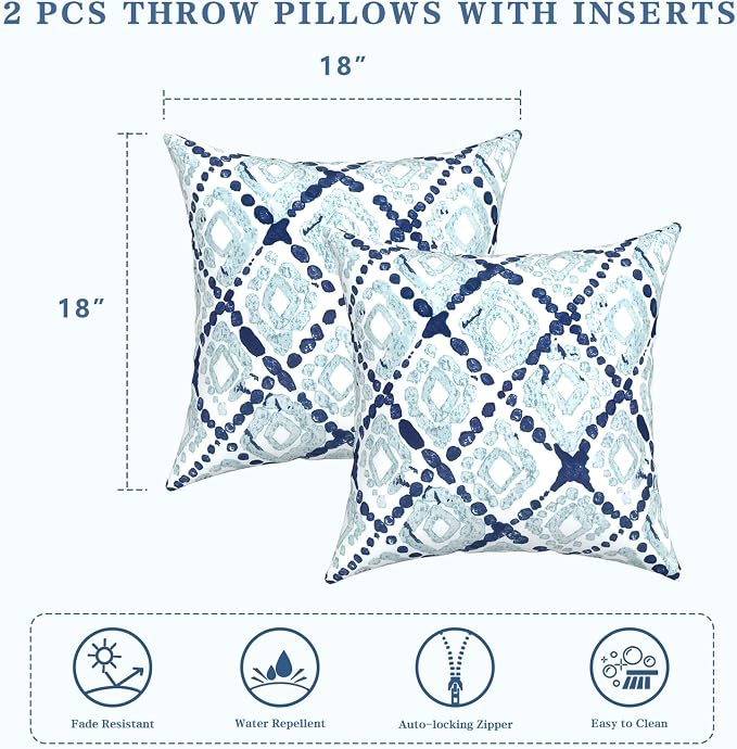 LVTXIII Outdoor/Indoor Throw Pillows, Decorative Throw Pillows with Inserts, 18"x18" Square Pillows for Bed, Couch, Sofa and Patio Furniture, Set of 2, Boho Geometry Blue