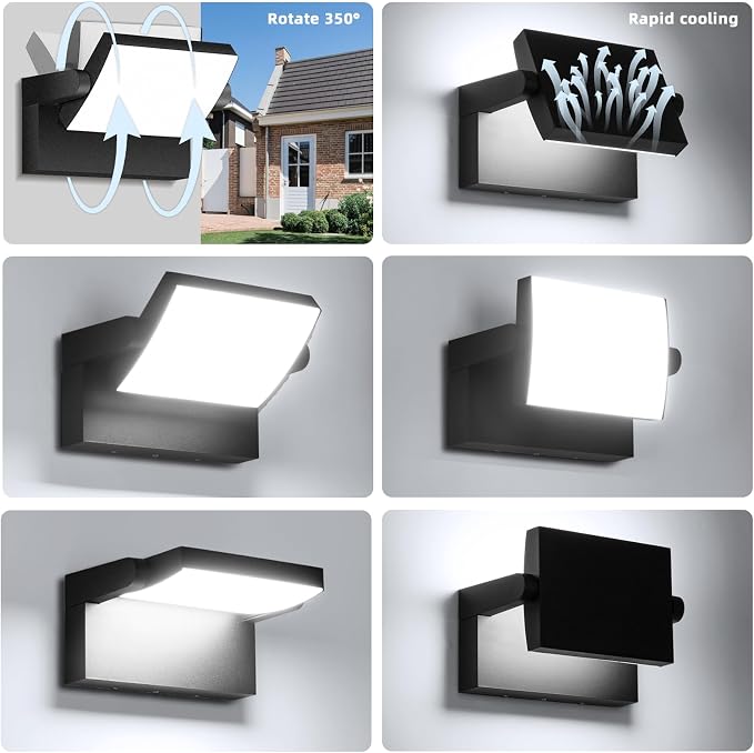 Outdoor Wall Sconces 350 ° Adjustable Black Wall Lights 6000K Modern Security Commercial Exterior Wall Mount Fixture Waterproof 3 Pack