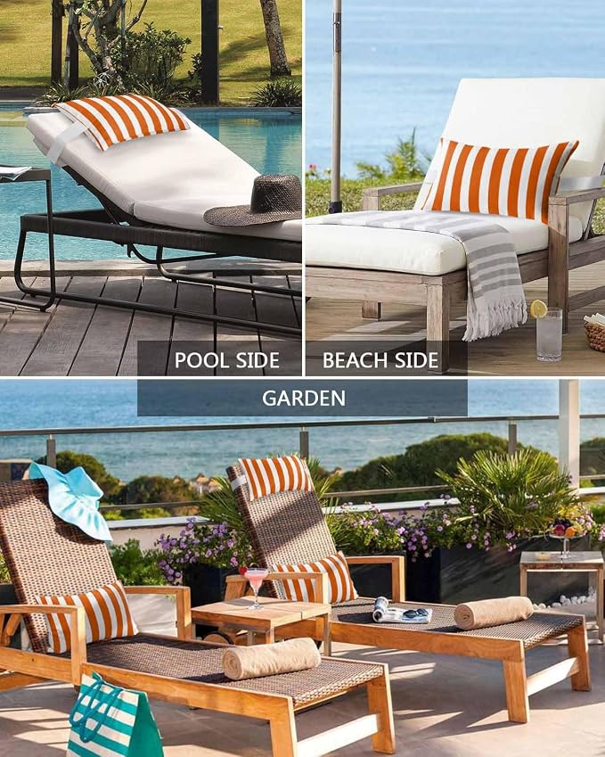 DecorLovee Burnt Orange Striped Outdoor Recliner Pillows for Head, Thanksgiving Waterproof Chair Pillow with Elastic Stripe, Farmhouse Orange Stripes Chaise Lounge Pillow for Patio/Pool 2Pack, 11"x16"