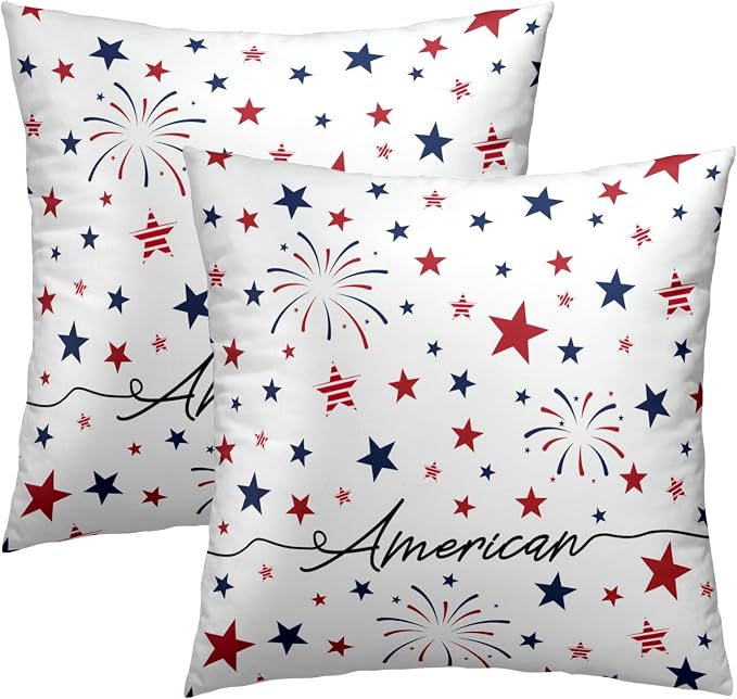 4th of July Pillow Covers 20x20 Inch Set of 2 Patriotic Red White Blue Summer Outdoor Throw Pillow Covers,Independence Memorial Day USA Flag Cushion Case for Sofa Couch Decor