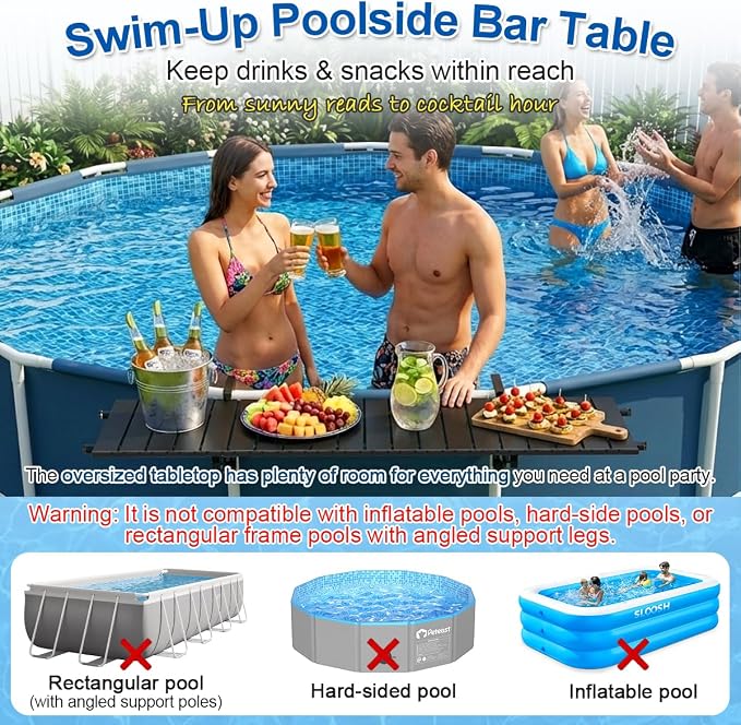 Above Ground Pool Bar, 47" x 11.7" Black Pool Bar Table for Round Above Ground Pools, Stainless Steel Frame, Aluminum Tabletop, UV & Pool Chemical Resistant, Holds 150 lbs