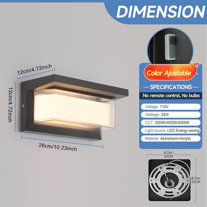 2 Pack 24W LED Outdoor Wall Lights Exterior/Interior Adjustable 3-Color Sconces Lights 2100LM IP65 Waterproof Modern Outdoor Wall Mount Lighting Fixtures Aluminum Wall Lights Compatible with Dimmers