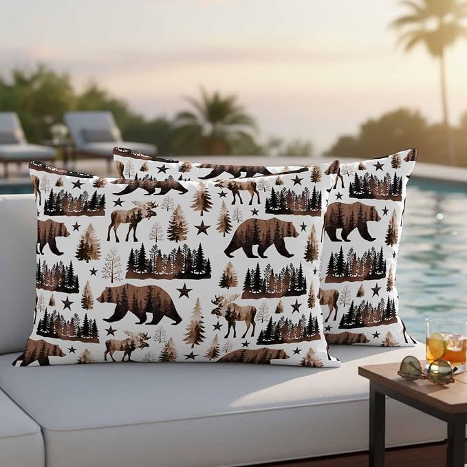 Brown Bear Elk Cabin Outdoor Pillow Covers 20x12 Inch Lumbar Pillow Covers Set of 2 Waterproof Decorative Throw Pillow Cases Farmhousee Pine Tree Forest Cushion Covers for Patio Furniture Garden Couch