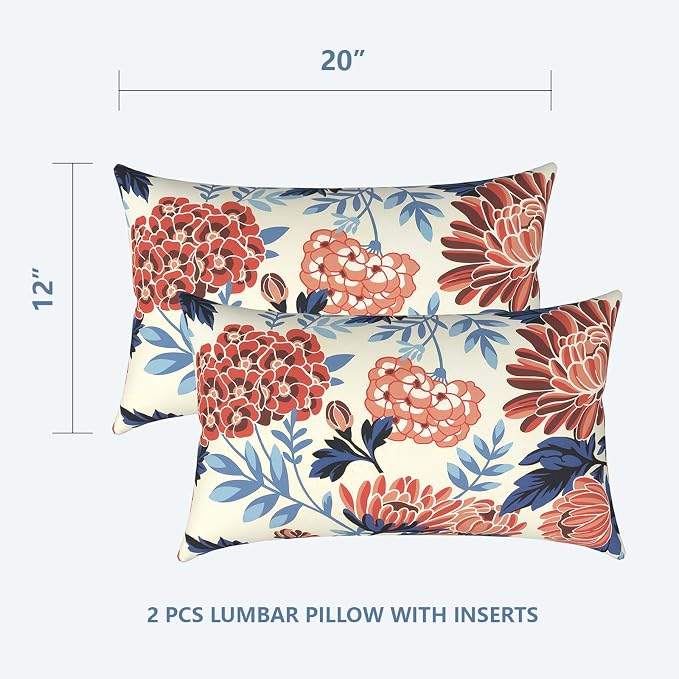 LVTXIII Outdoor/Indoor Lumbar Pillows, Decorative Patio Lumbar Cushions, Fluffy Fade Resistant Throw Pillow Cushions for Home Patio Coach Sofa, 12×20 Inch, Pack of 2, Red Chrysanthemum