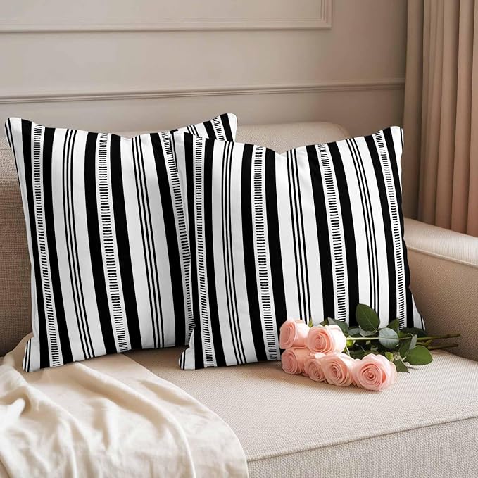 Black Striped Outdoor Waterproof Pillow Covers, Farmhouse Stripes Modern Geometric Decorative Square Throw Pillowcase Sofa Cushion Sham for Patio/Couch/Chair, 26"x26" 2 Pack