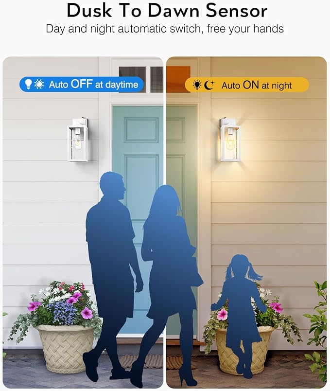VIANIS Large Dawn to Dusk Outdoor Light Fixture, White Exterior Lighting Wall Mount Sconce, Modern Front Porch Lanterns Outside Lights for House, Anti-Rust Waterproof Coach Lights for Garage