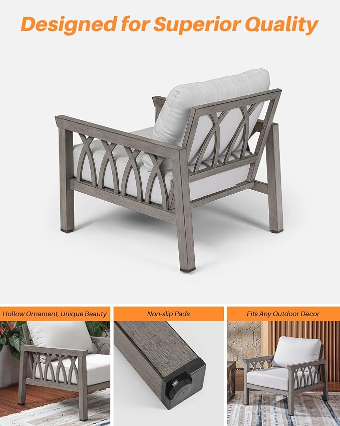 Aluminum Outdoor Sofa Chair, Modern Patio Sofa Armchair with Washable Cushions, Weather-Resistant Outdoor Club Chair, Patio Armchair Furniture for Garden, Deck, Porch, Limed Oak