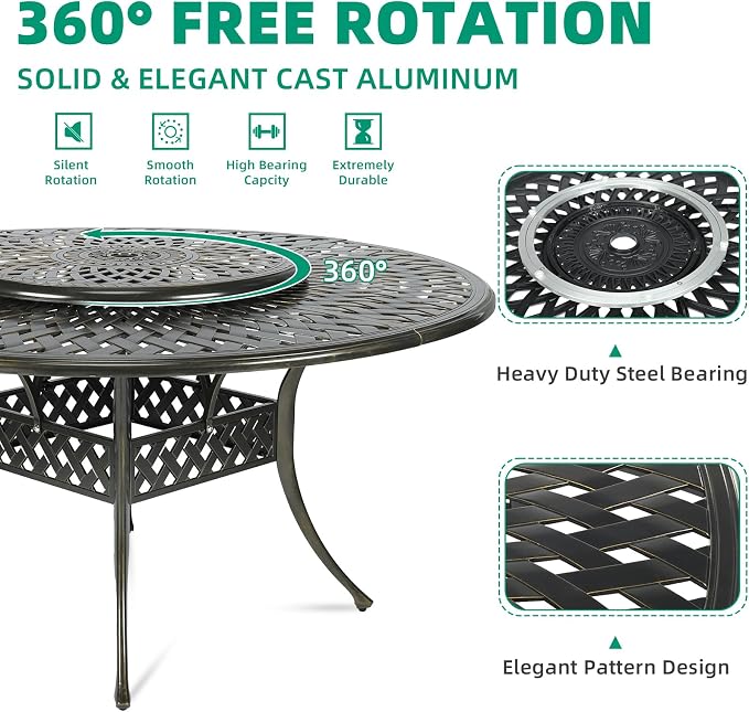 VIVIJASON 9-Piece Patio Furniture Dining Set, Rust-Free Cast Aluminum Outdoor Conversation Set, Include 8 Cushioned Chairs & 61" Round Dining Table with 31" Lazy Susan, Umbrella Hole, Navy Blue